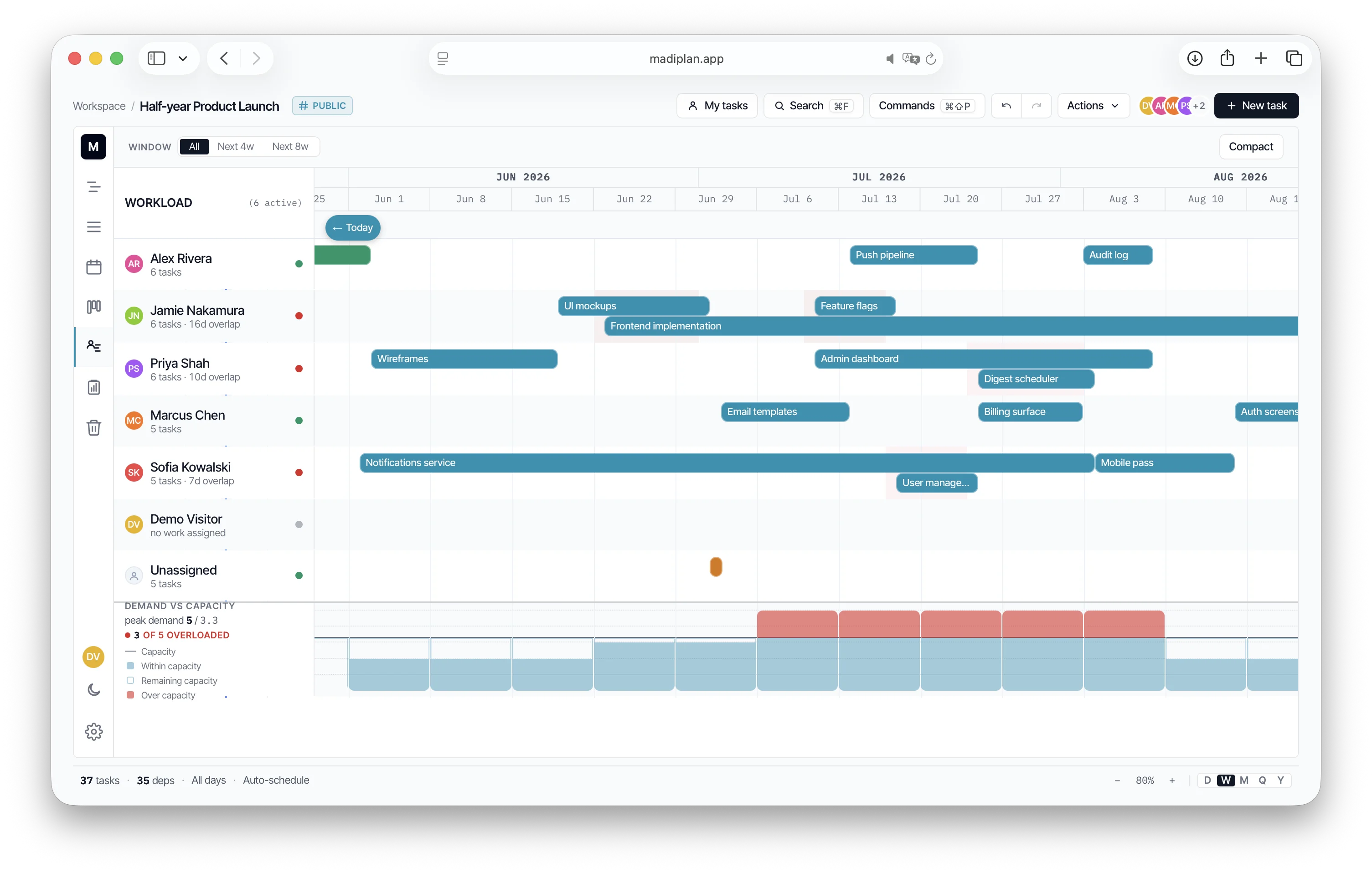 Workload view — people as rows, their assigned work as bars on a shared timeline, demand-vs-capacity bands at the bottom